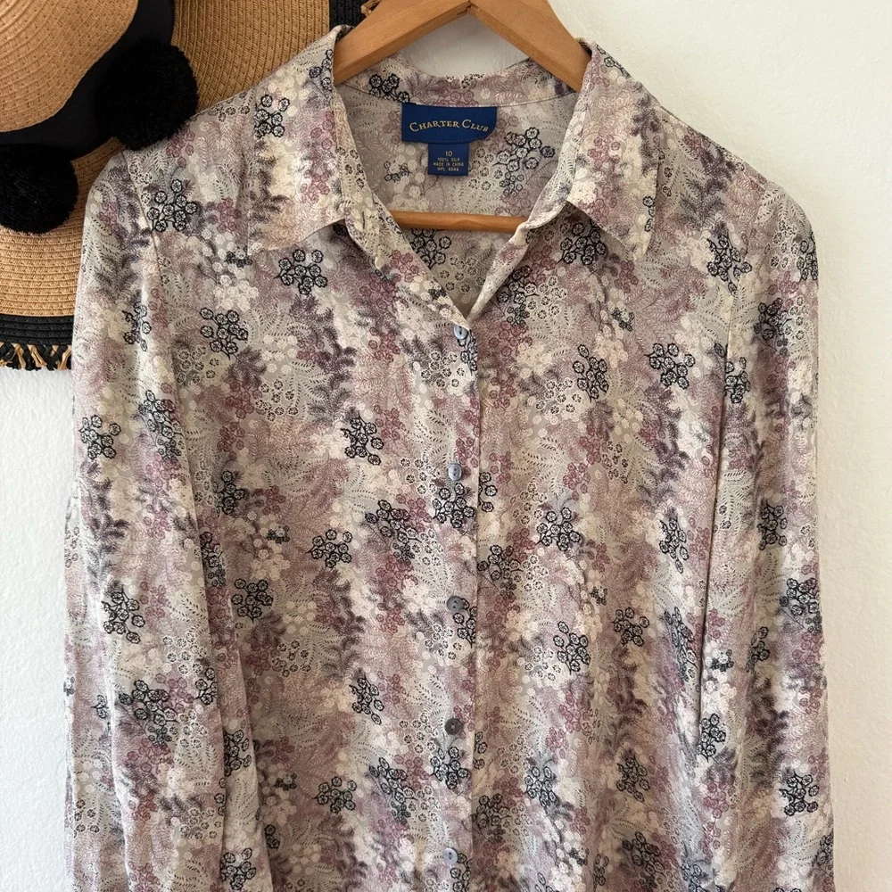 Vintage Charter Club Silk Floral Button Down Blouse Size 10